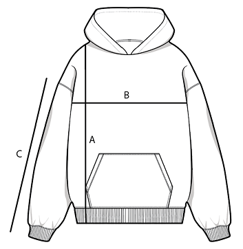 Hoodie size chart illustration with labeled dimensions A, B, and C