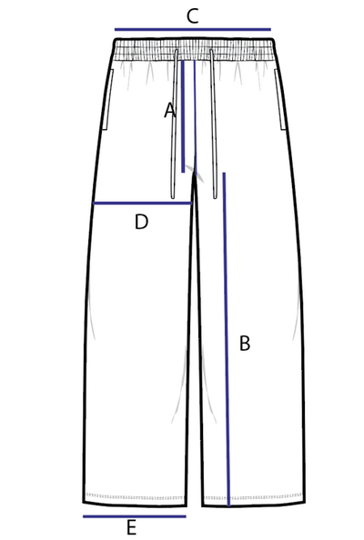 Sweatpants size chart illustration with labeled dimensions A, B, and C