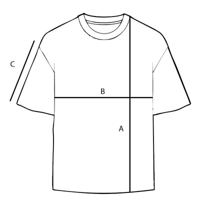 T-Shirt size chart illustration with labeled dimensions A, B, and C
