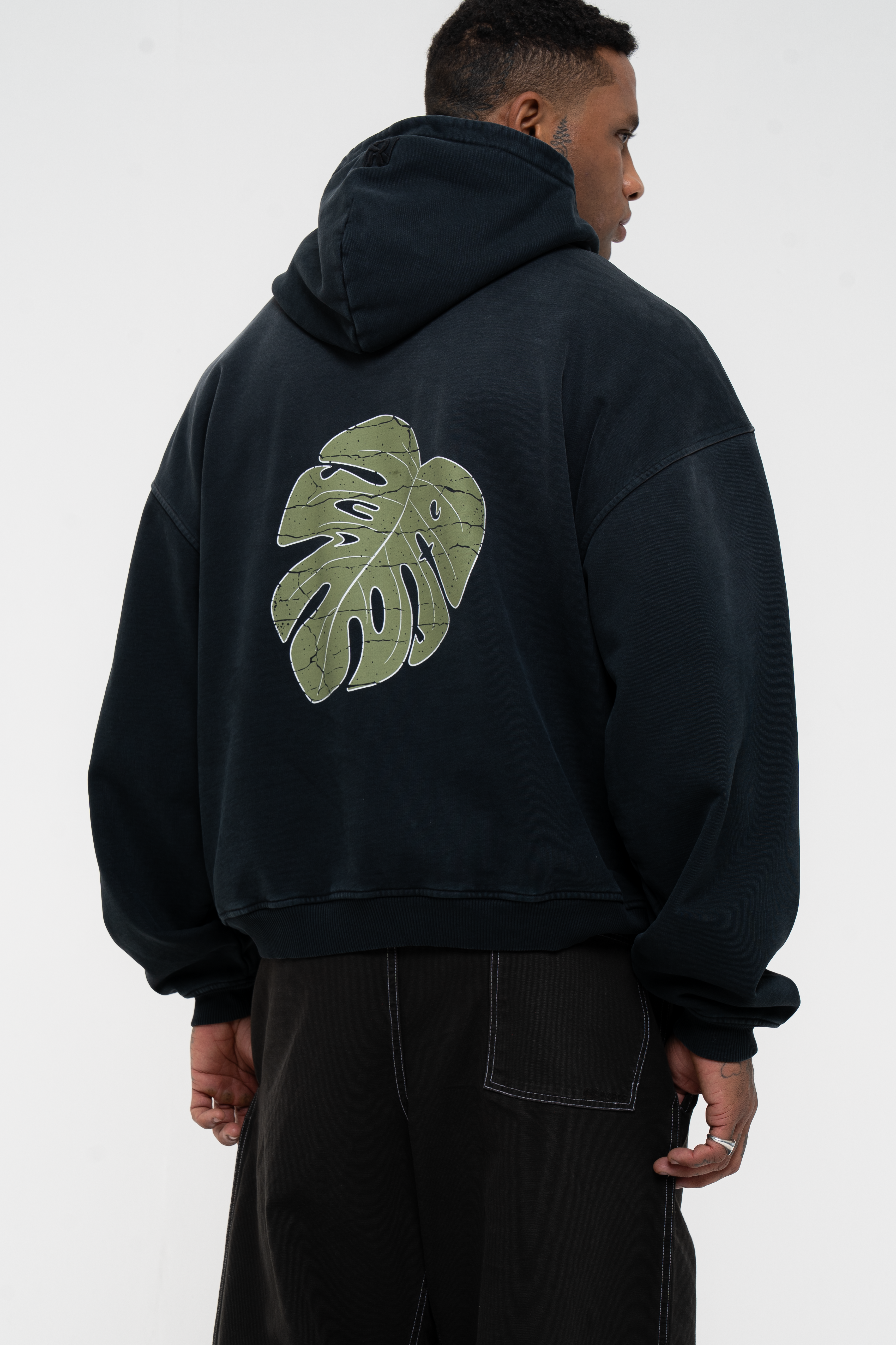 Monstera Hand Sprayed Graphic Hoodie - Faded Black